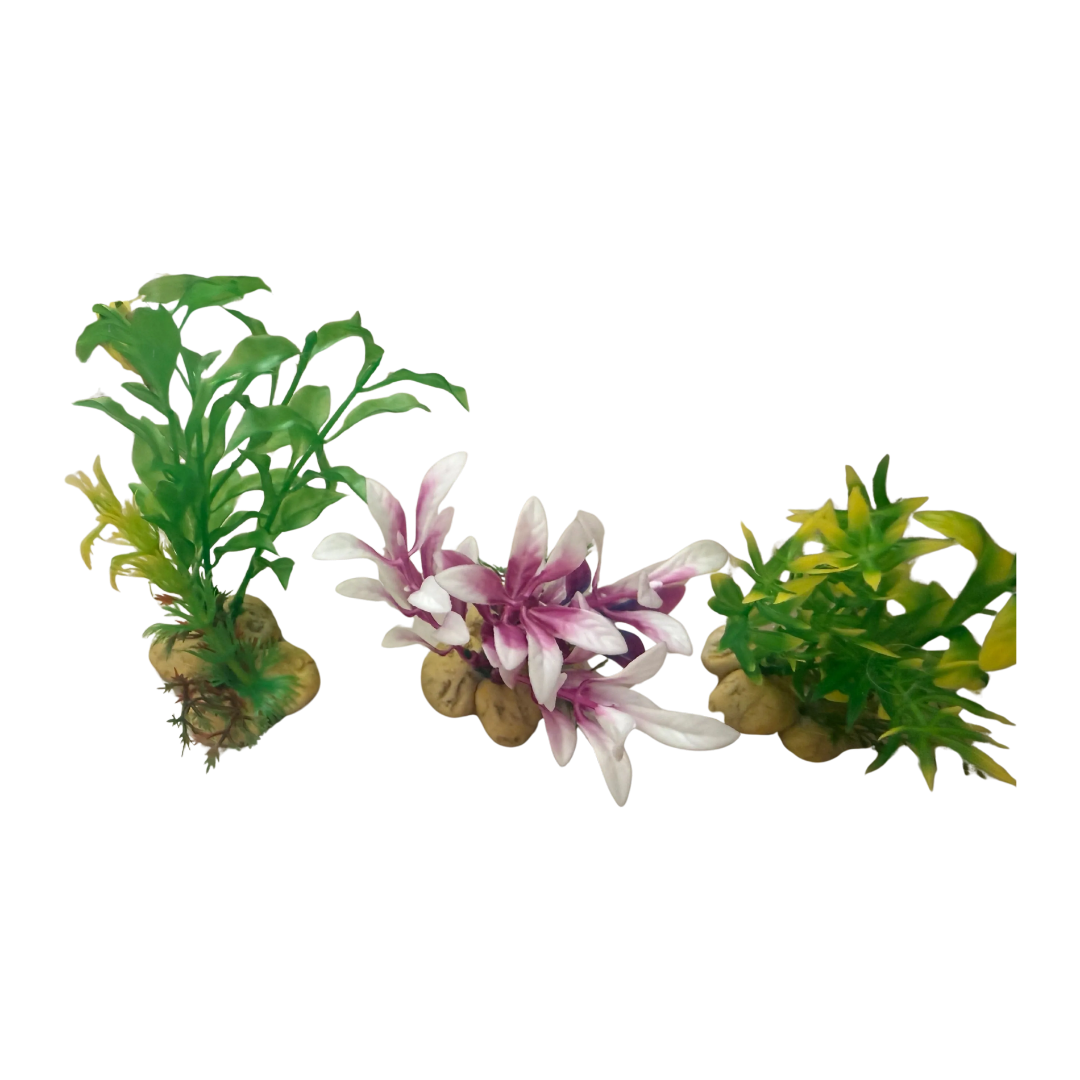 Three artificial aquarium plants with green and white/purple flowers on a plain white background.