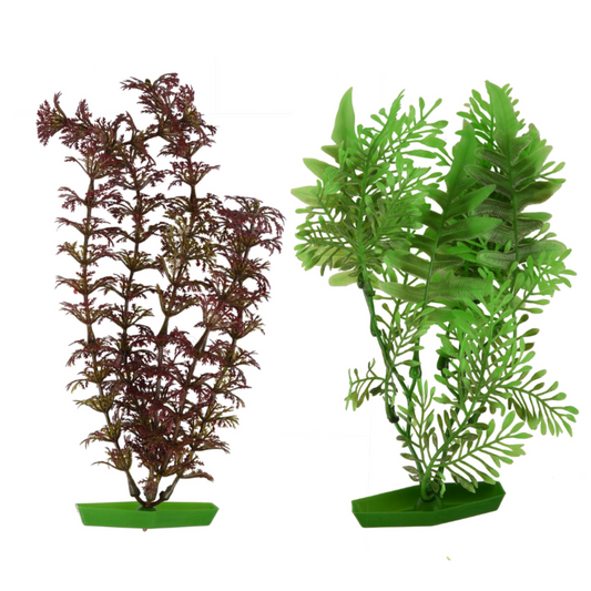 Two artificial aquarium plants on green bases, one with reddish-brown fronds and one with bright green fronds, shown against a plain white background.