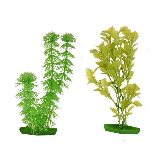 Two artificial green aquarium plants with rectangular green bases, shown on a plain white background.