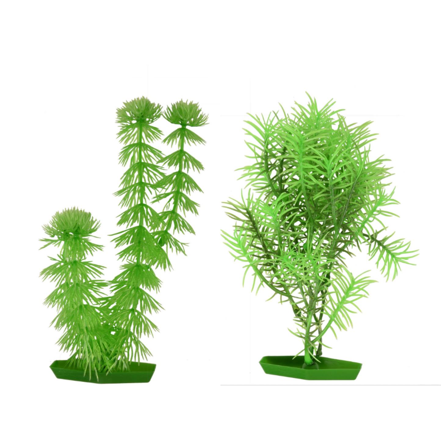 Two vibrant green plastic aquarium plants with weighted bases, featuring realistic feathery foliage and 22cm height.
