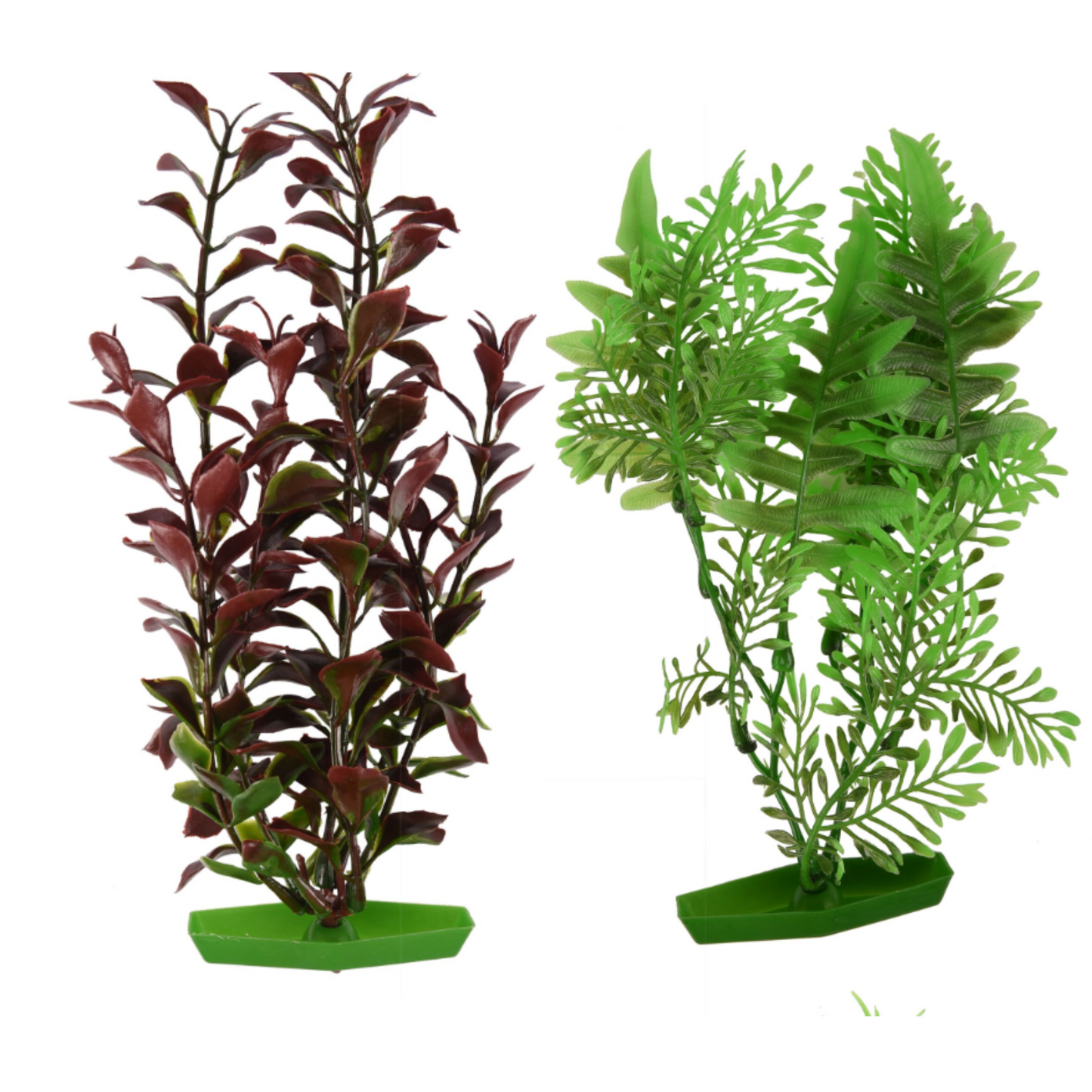 Two 22cm tall decorative plastic aquarium plants with green and burgundy foliage on stable green bases.