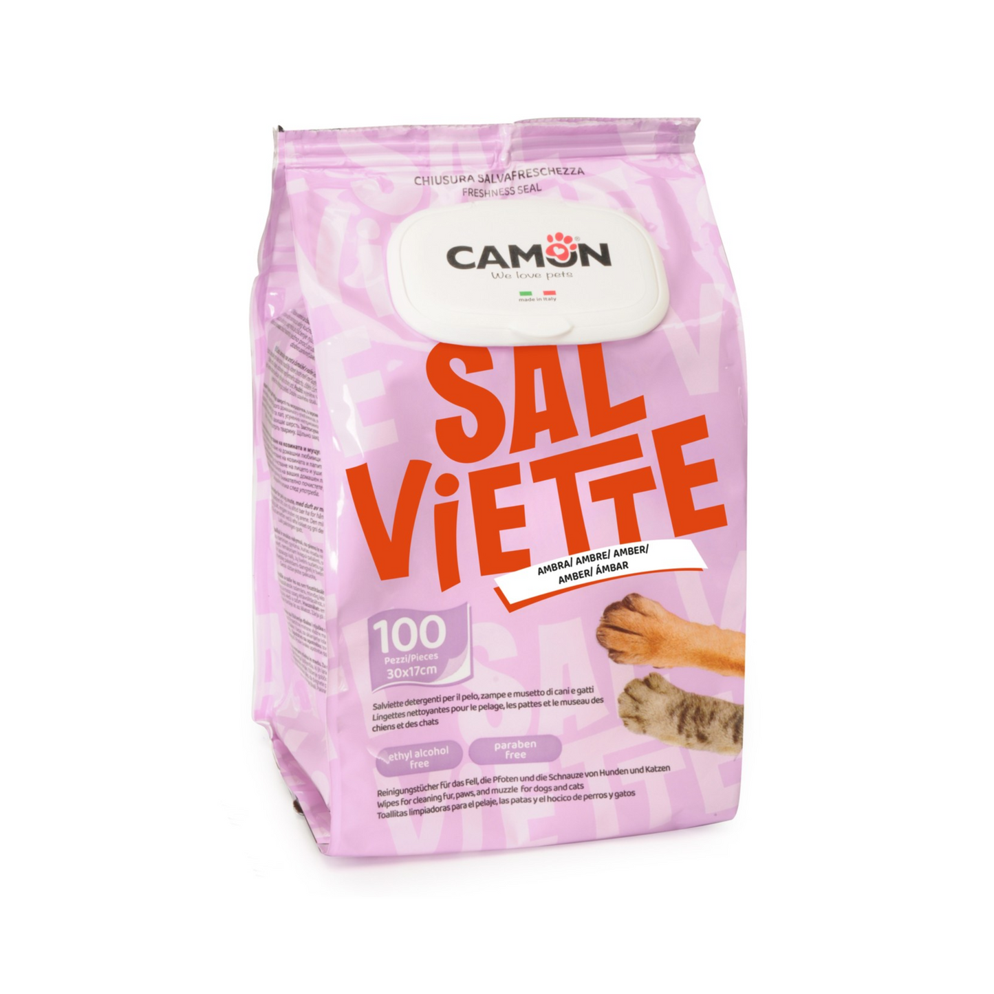Camon Amber cleansing wipes in a pink 100-count pack with a resealable lid for cleaning dog and cat paws and fur.