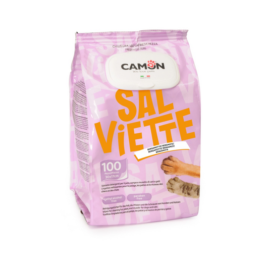 Pink pack of 100 Camon Bergamot cleansing wipes for dogs and cats with a resealable freshness seal and orange text.