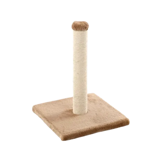 39cm beige and ecru kitten scratching post with a sisal-wrapped pole and soft plush square base.