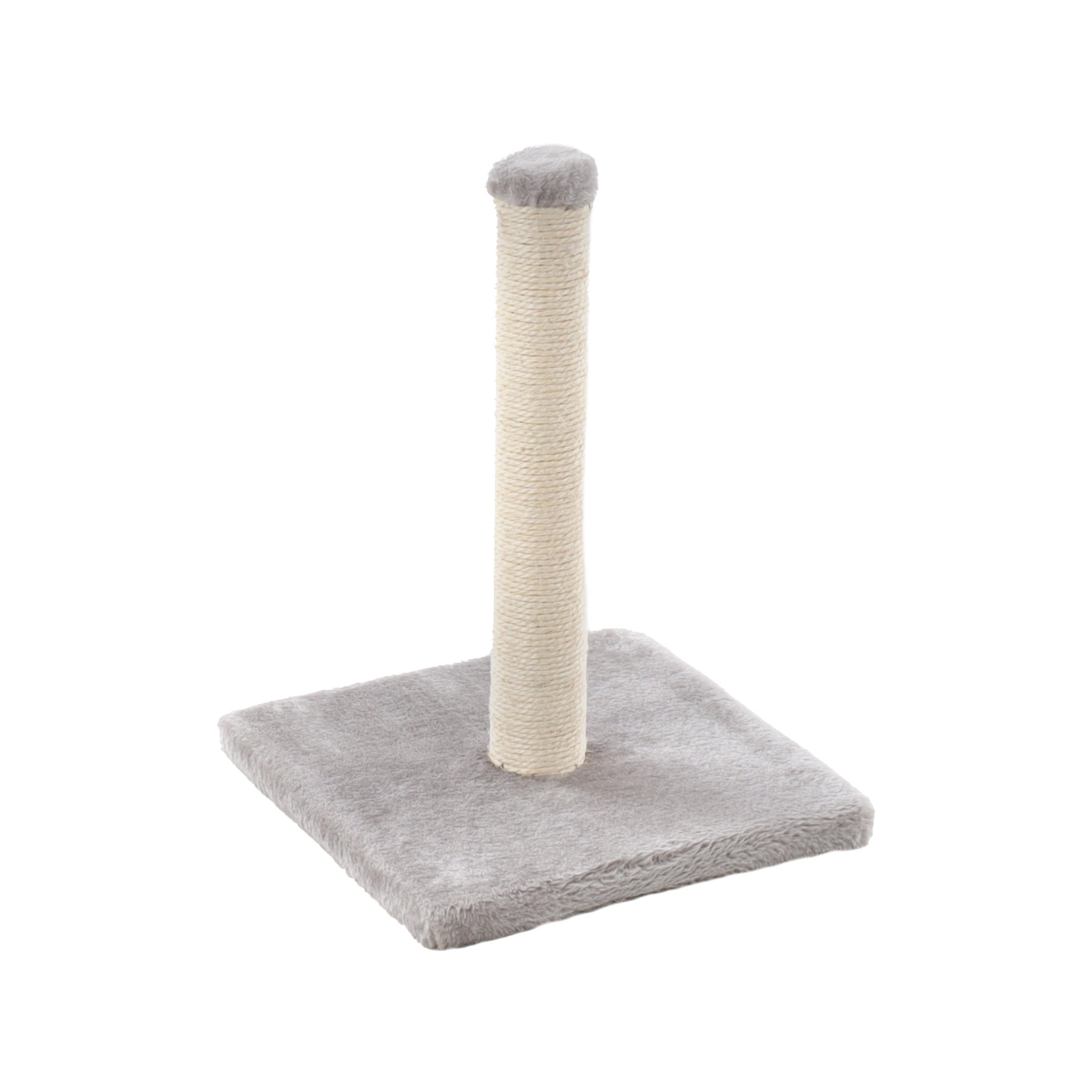 A gray cat tree with a square plush base and a central sisal-wrapped scratching post, isolated on a white background.