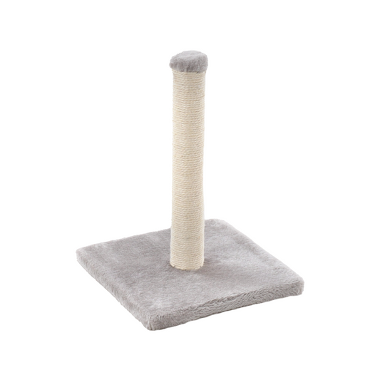 A gray cat tree with a square plush base and a central sisal-wrapped scratching post, isolated on a white background.