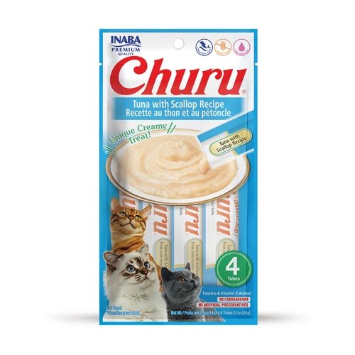 Cat Treats Inaba Churu Creamy Pure For Treat Cats - Tuna with Scallop Recipe (4-Tube Pack)