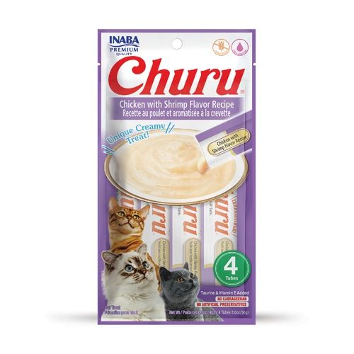 Cat Treats Inaba Churu Creamy Pure Treat For Cats - Chicken with Shrimp Recipe (4-Tube Pack)