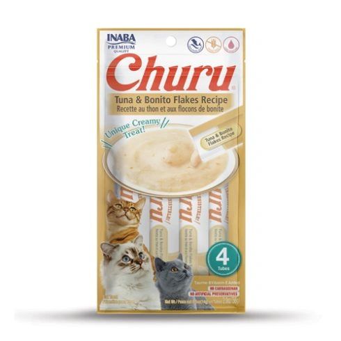Cat Treats Inaba Churu Creamy Pure Treat For Cats - Tuna with Bonito Flakes Recipe (4-Tube Pack)