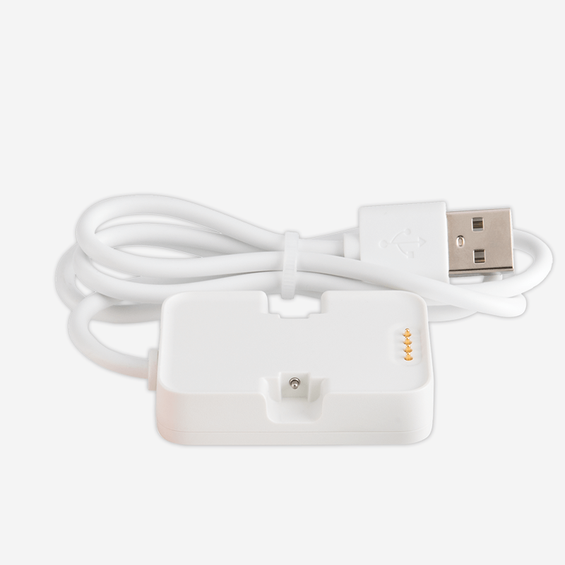 A white USB charging cable with a USB-A connector and a white rectangular adapter with gold contact pins, shown on a light gray background.