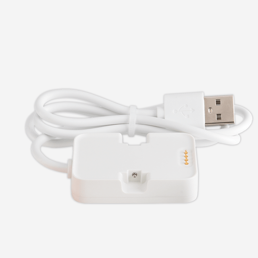 A white USB charging cable with a USB-A connector and a white rectangular adapter with gold contact pins, shown on a light gray background.