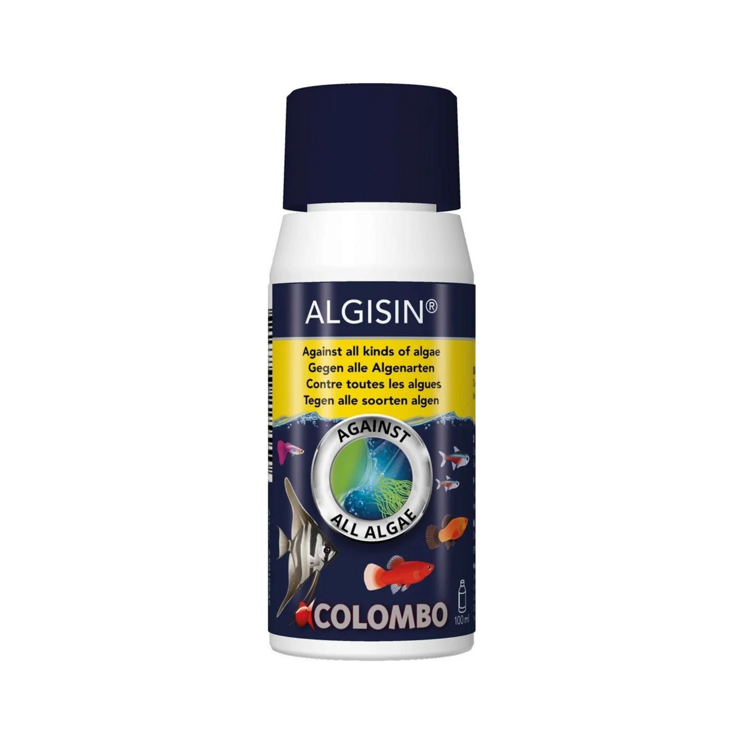 Algisin against all algae COLOMBO aquarium treatment spray bottle with a dark navy blue cap and label, on a white background.