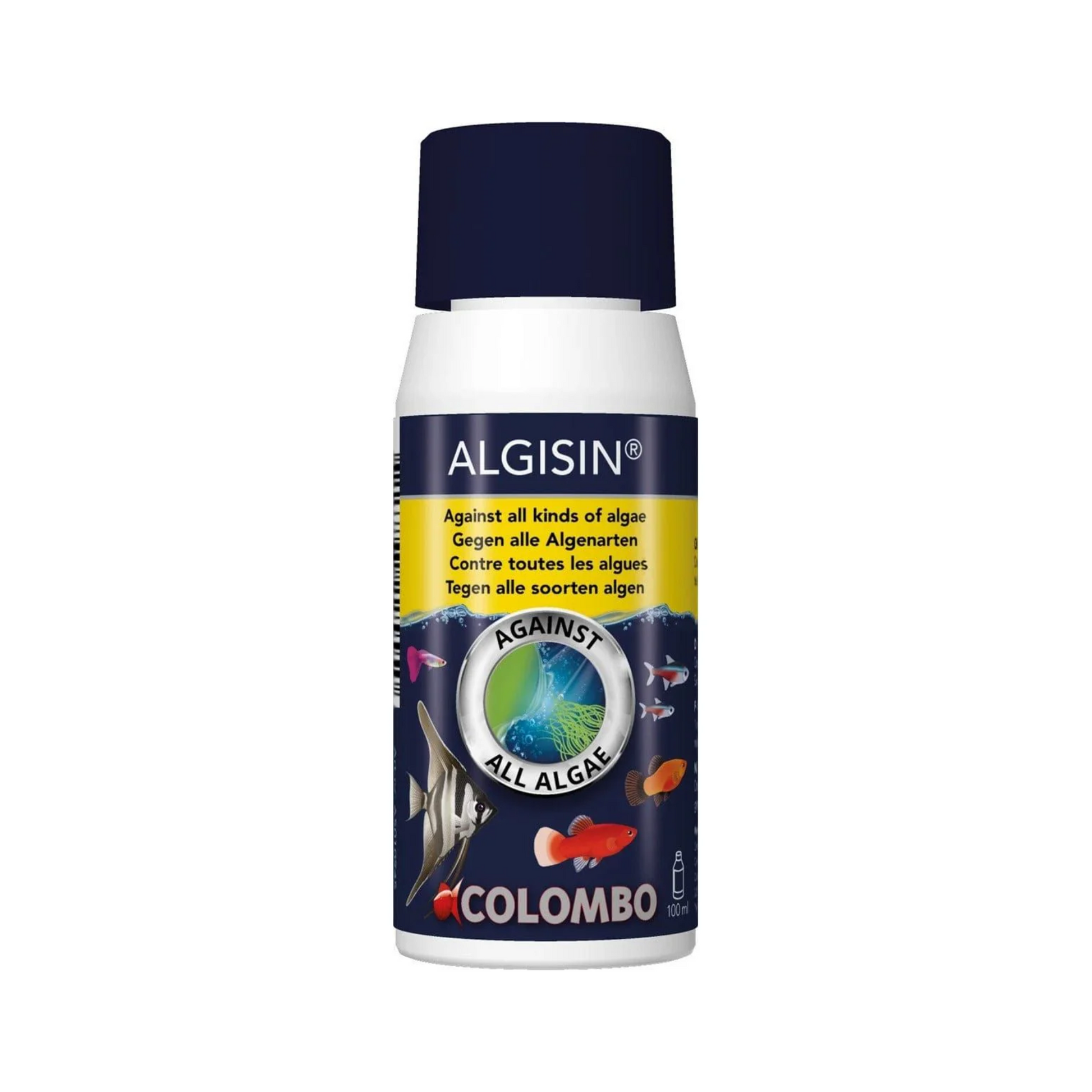 Algisin against all algae COLOMBO aquarium treatment spray bottle with a dark navy blue cap and label, on a white background.