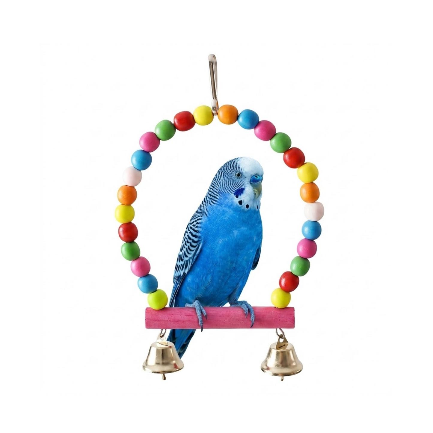 A blue budgerigar perched on a pink wooden toy bar with two small gold bells and a colorful circular hoop of painted beads above it, isolated on a white background.