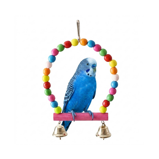 A blue budgerigar perched on a pink wooden toy bar with two small gold bells and a colorful circular hoop of painted beads above it, isolated on a white background.