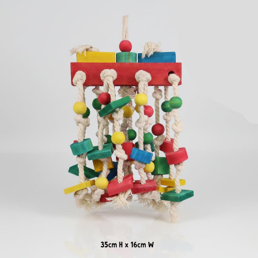 Colorful Parrot Chew Toy. Natural Wood & Cotton Rope | 35cm x 16cm