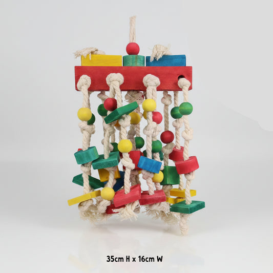 Colorful Parrot Chew Toy. Natural Wood & Cotton Rope | 35cm x 16cm