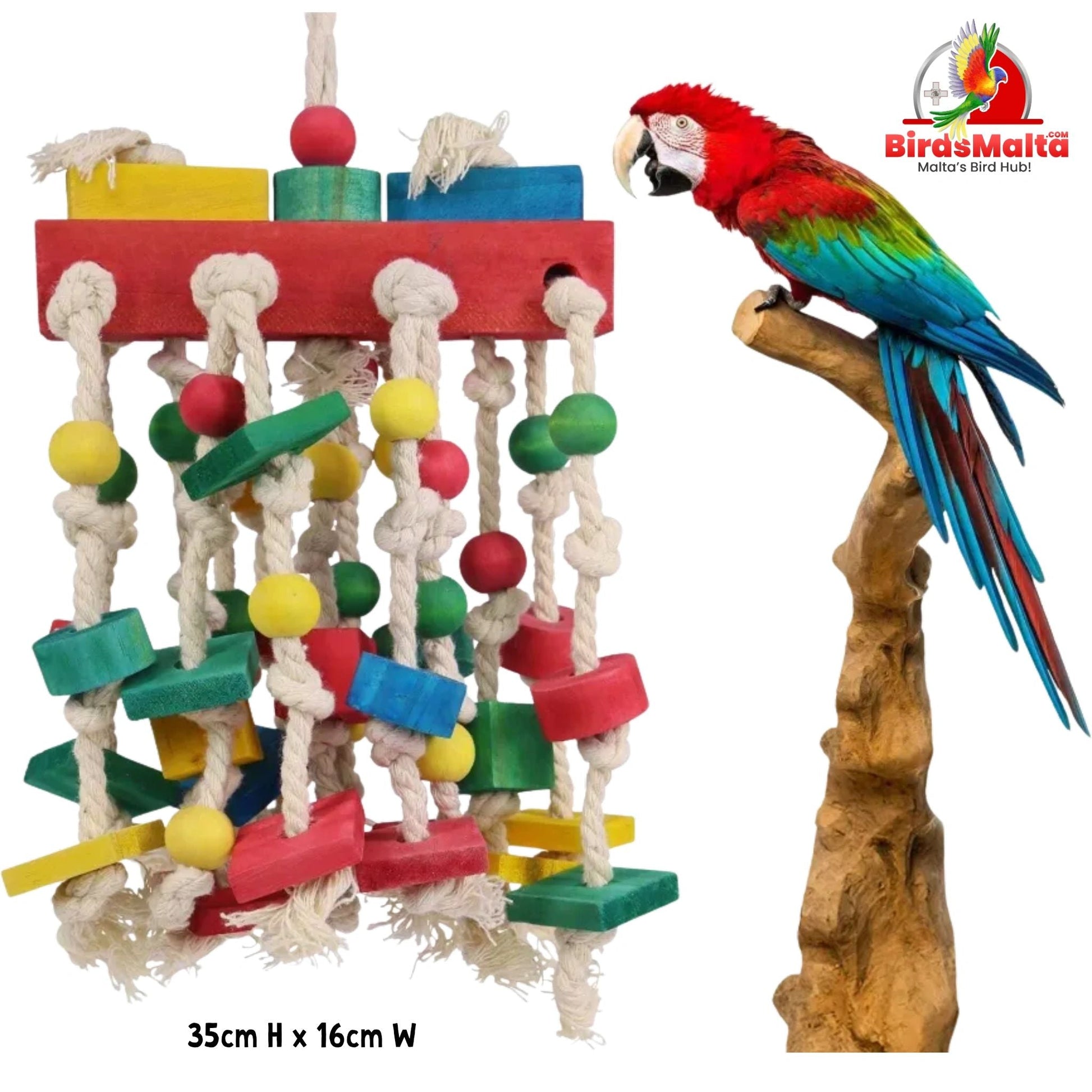 🦜 Colorful Parrot Chew Toy – Natural Wood & Cotton Rope | 35cm x 16cm Perfect f