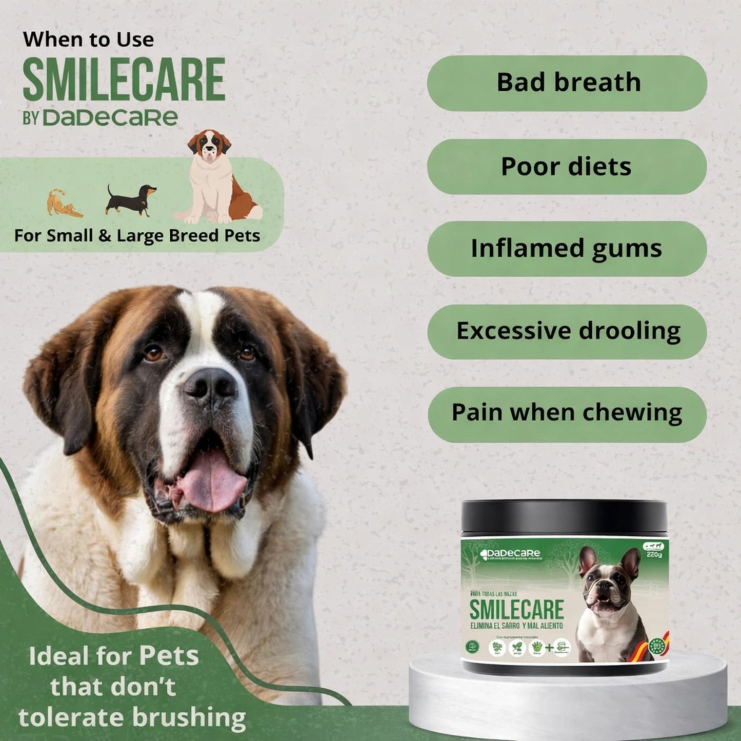 Smilecare – Powders for Bad Breath 220g Kelp – Natural Alternative Toothpaste for Dogs and Cats, Improves Breath, Reduces Tartar, Prevention Dental Problems – No Daily Brushing