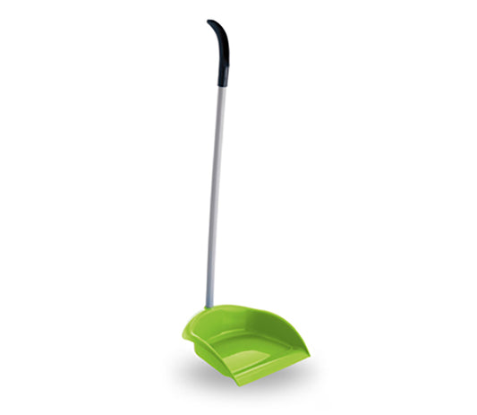 A plastic dustpan in bright lime green with a long silver metal handle and a black grip, shown on a plain white background.