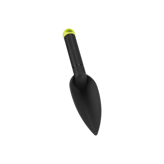 A small black garden trowel with a bright lime green accent at the top of the handle, shown on a plain white background.