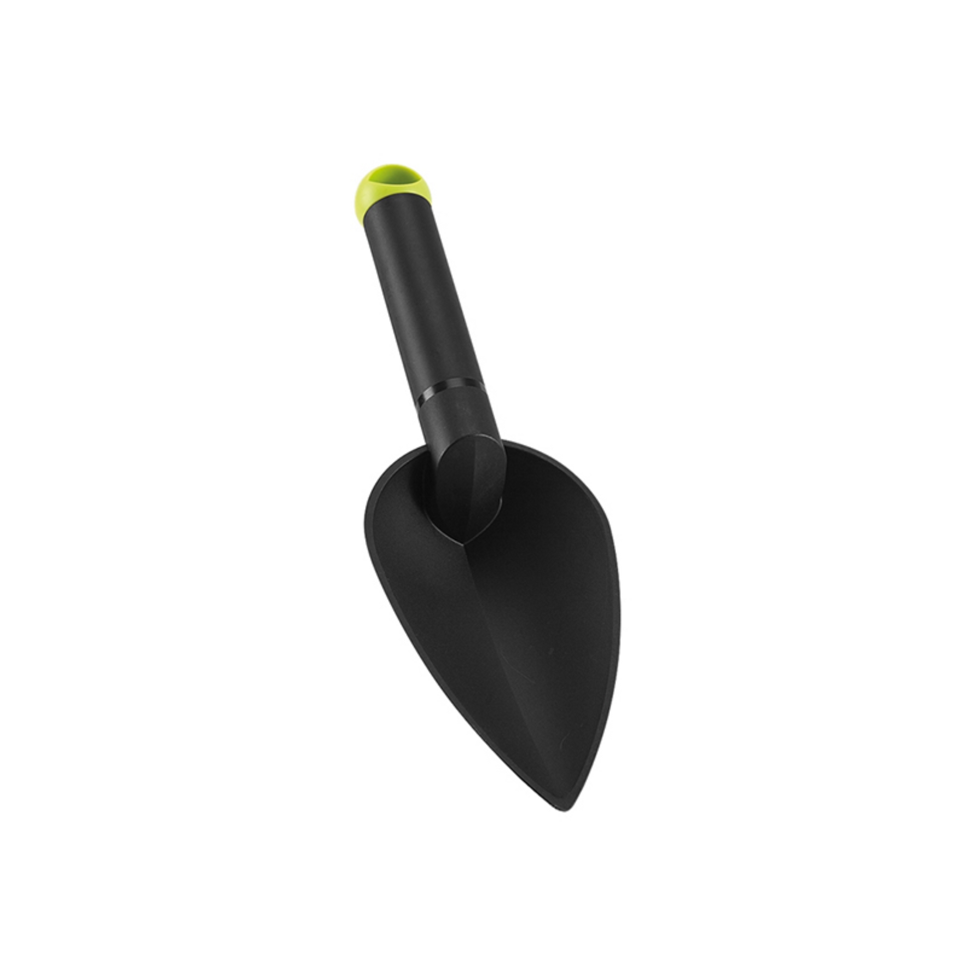 Epoca wide garden trowel in matte black with a durable scoop and ergonomic handle featuring a lime green end cap.