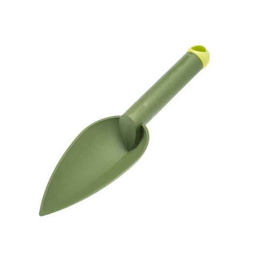 Olive green wide garden trowel with a broad scoop and ergonomic handle featuring a light green end cap.