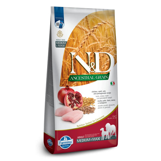 12kg bag of Farmina N&D Ancestral Grain dog food featuring chicken, pomegranate, and grains on a white background.