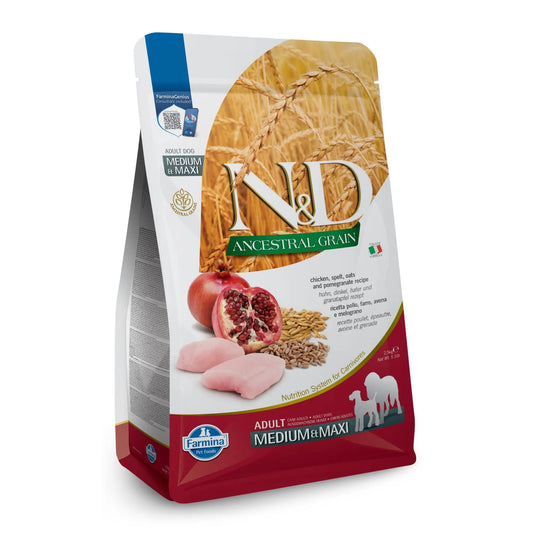 2.5kg bag of Farmina N&D Ancestral Grain adult dog food with chicken, pomegranate, and grains on a white background.