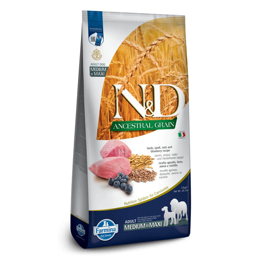 12kg bag of Farmina N&D Ancestral Grain dog food featuring lamb, blueberry, and grain illustrations on white packaging.