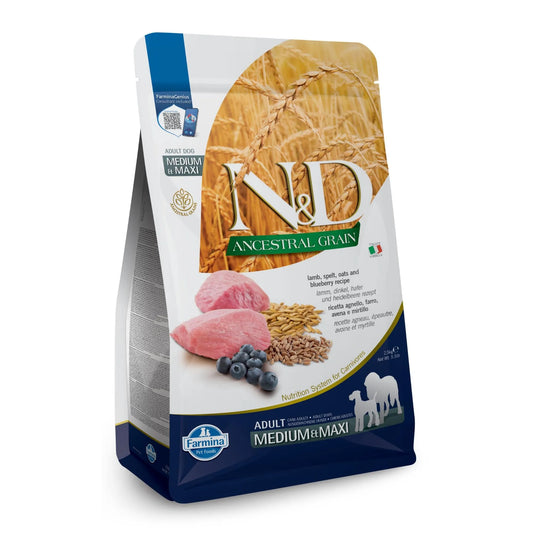 2.5kg bag of Farmina N&D Ancestral Grain dog food with lamb, spelt, oats, and blueberry imagery on white and blue packaging.