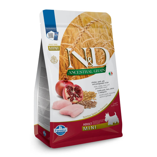 2.5kg bag of Farmina N&D Ancestral Grain Adult Mini dog food with chicken, spelt, oats, and pomegranate imagery.