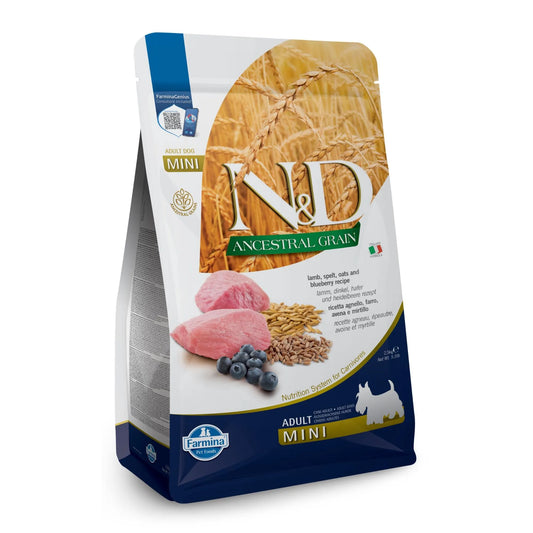 2.5kg bag of Farmina N&D Ancestral Grain adult mini dog food featuring lamb, spelt, oats, and blueberry imagery.