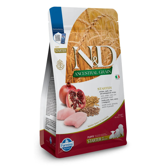 800g bag of Farmina N&D Ancestral Grain puppy starter food featuring images of chicken, pomegranate, and grains.