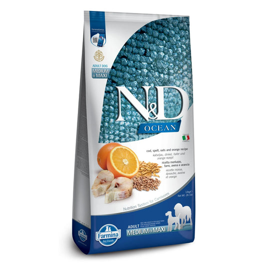 12kg bag of Farmina N&D Ocean cod, spelt, oats and orange adult dog food for medium and maxi breeds.