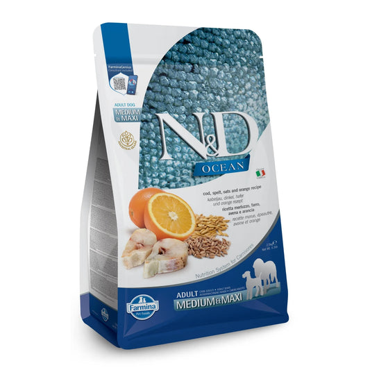 2.5kg bag of Farmina N&D Ocean dog food featuring cod, orange, and grain imagery on a blue and white package.