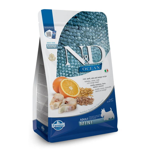 2.5kg bag of Farmina N&D Ocean Adult Mini dog food featuring blue packaging with cod, orange, and grain imagery.
