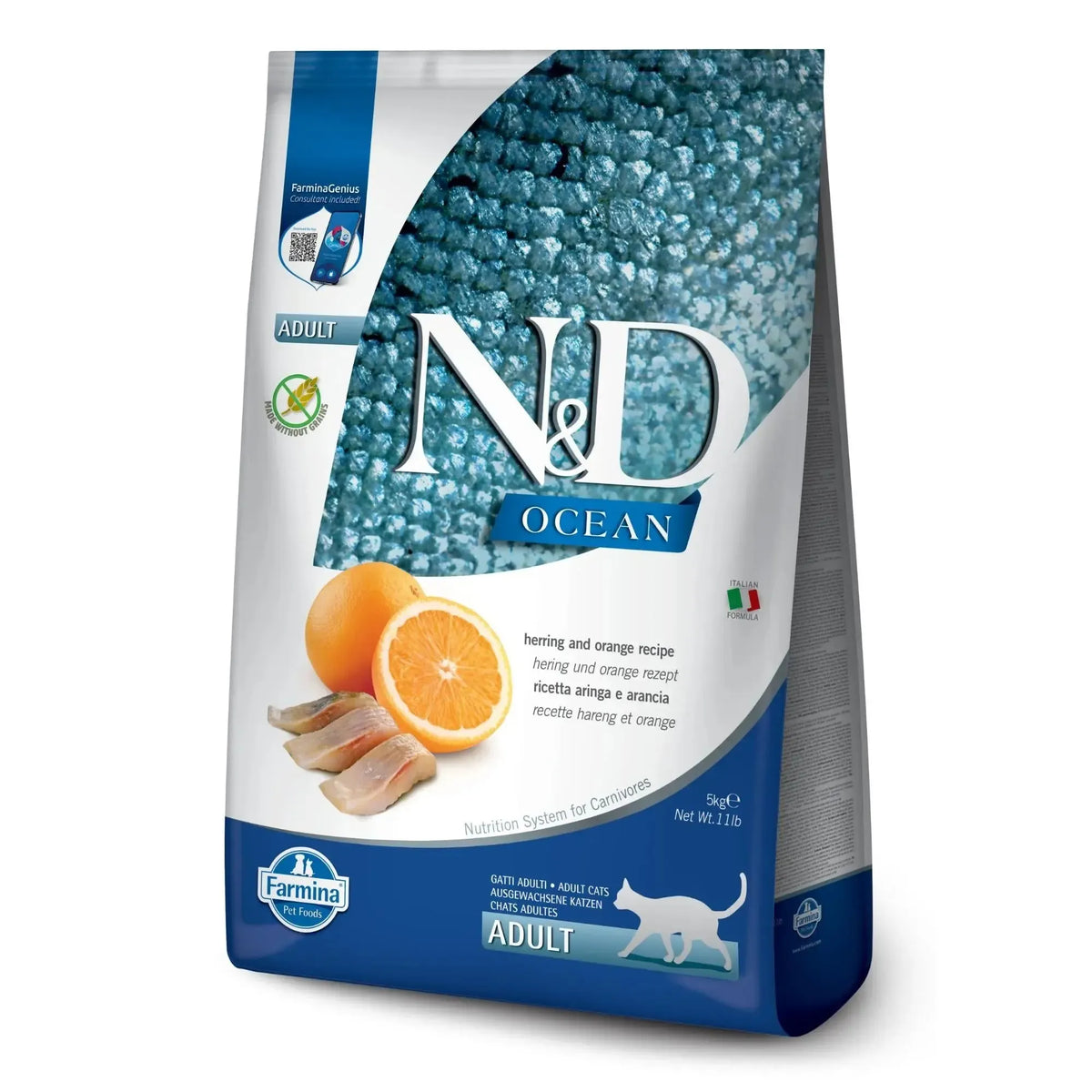 5kg bag of N&D Ocean Herring and Orange adult cat food with blue packaging, featuring images of fish and fresh oranges.
