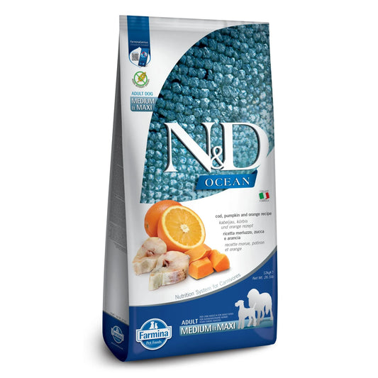 12kg bag of Farmina N&D Ocean Cod and Orange dog food for medium and maxi adult dogs with blue textured packaging.