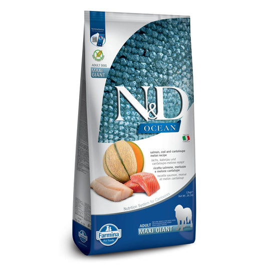 12kg bag of Farmina N&D Ocean dog food featuring salmon, cod, and cantaloupe imagery on a blue textured background.