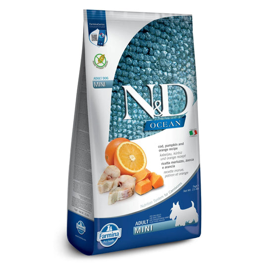 7kg bag of N&D Ocean Adult Mini dog food featuring cod, pumpkin, and orange imagery on a blue and white package.