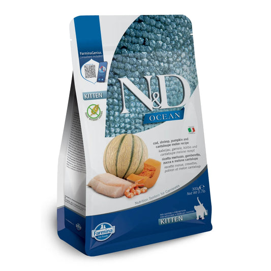 300g bag of N&D Ocean Kitten cat food featuring cod, shrimp, pumpkin, and cantaloupe imagery on blue packaging.