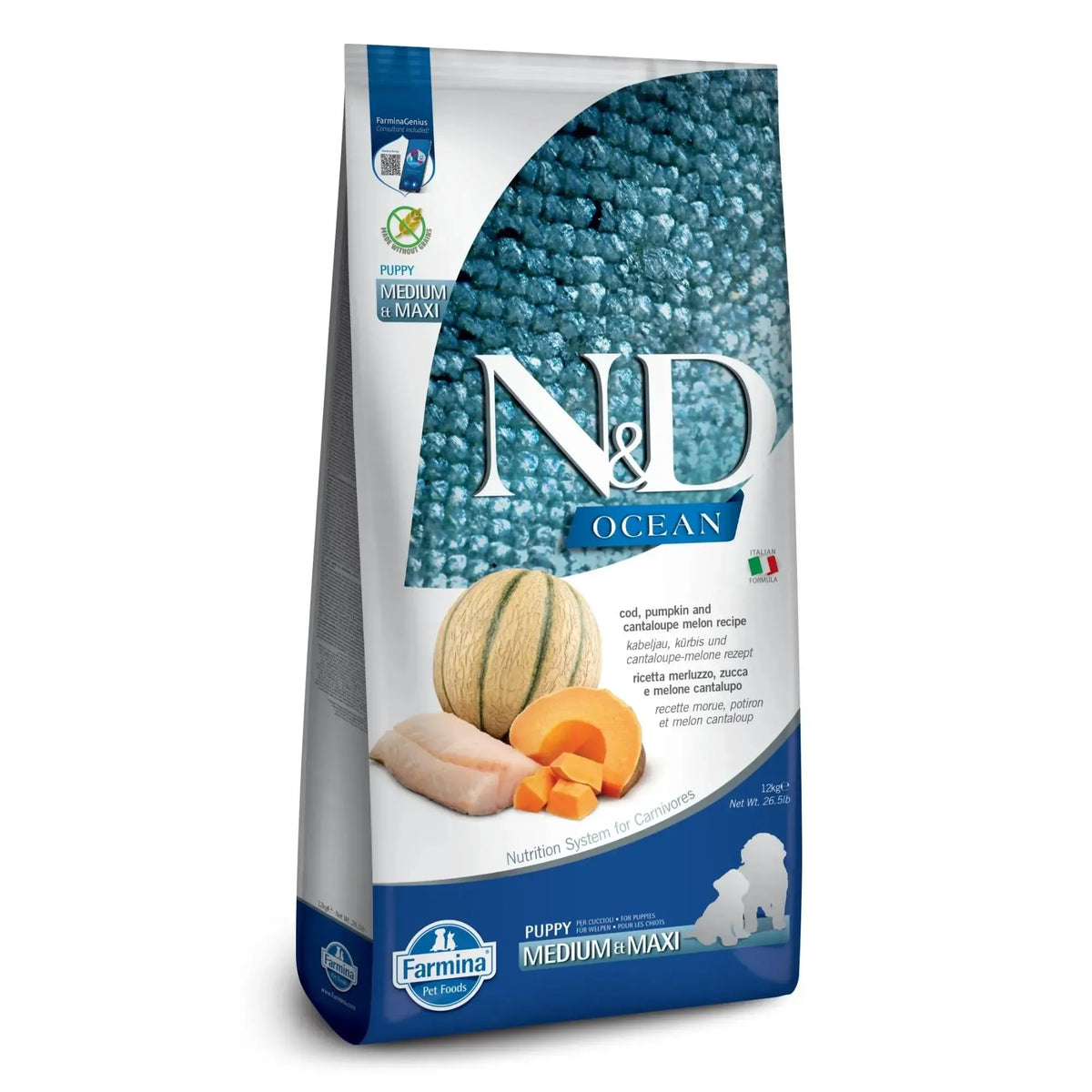12kg bag of Farmina N&D Ocean Puppy Medium/Maxi dog food featuring cod, pumpkin, and cantaloupe imagery.