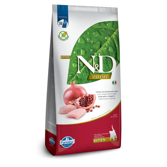10kg bag of N&D Prime Kitten Chicken and pomegranate grain-free cat food with white, green, and red branding.