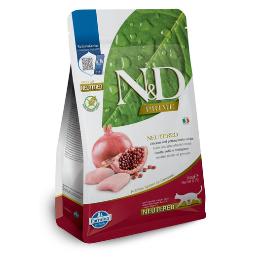 300g bag of N&D Prime Neutered Cat food with chicken and pomegranate imagery on a white and burgundy background.