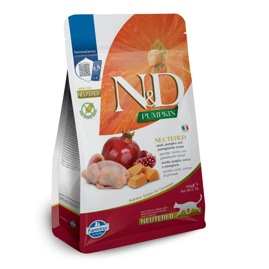 300g bag of Farmina N&D Pumpkin Neutered cat food featuring quail, pumpkin, and pomegranate imagery on white packaging.