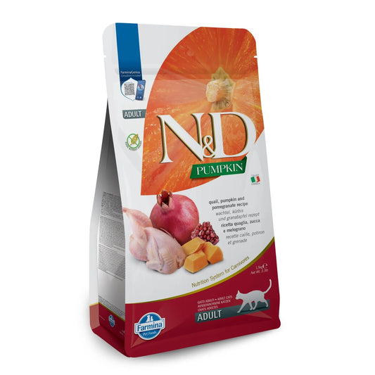 1.5kg bag of Farmina N&D Pumpkin cat food with quail and pomegranate imagery on a white and maroon stand-up pouch.