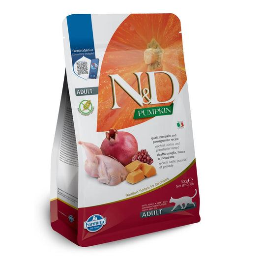 300g bag of Farmina N&D Pumpkin cat food featuring quail and pomegranate imagery on a white and dark red package.