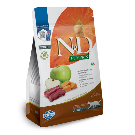 N&D Pumpkin Venison and Apple cat food 300g bag featuring images of fresh venison, green apples, and pumpkin slices.
