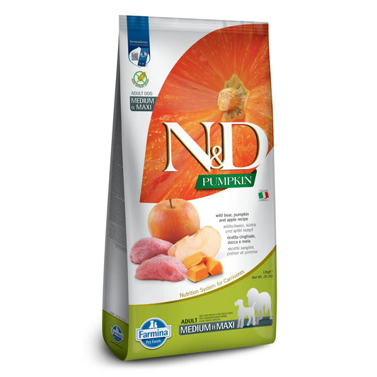 12kg bag of Farmina N&D Pumpkin grain-free dog food featuring wild boar, apple, and pumpkin imagery.